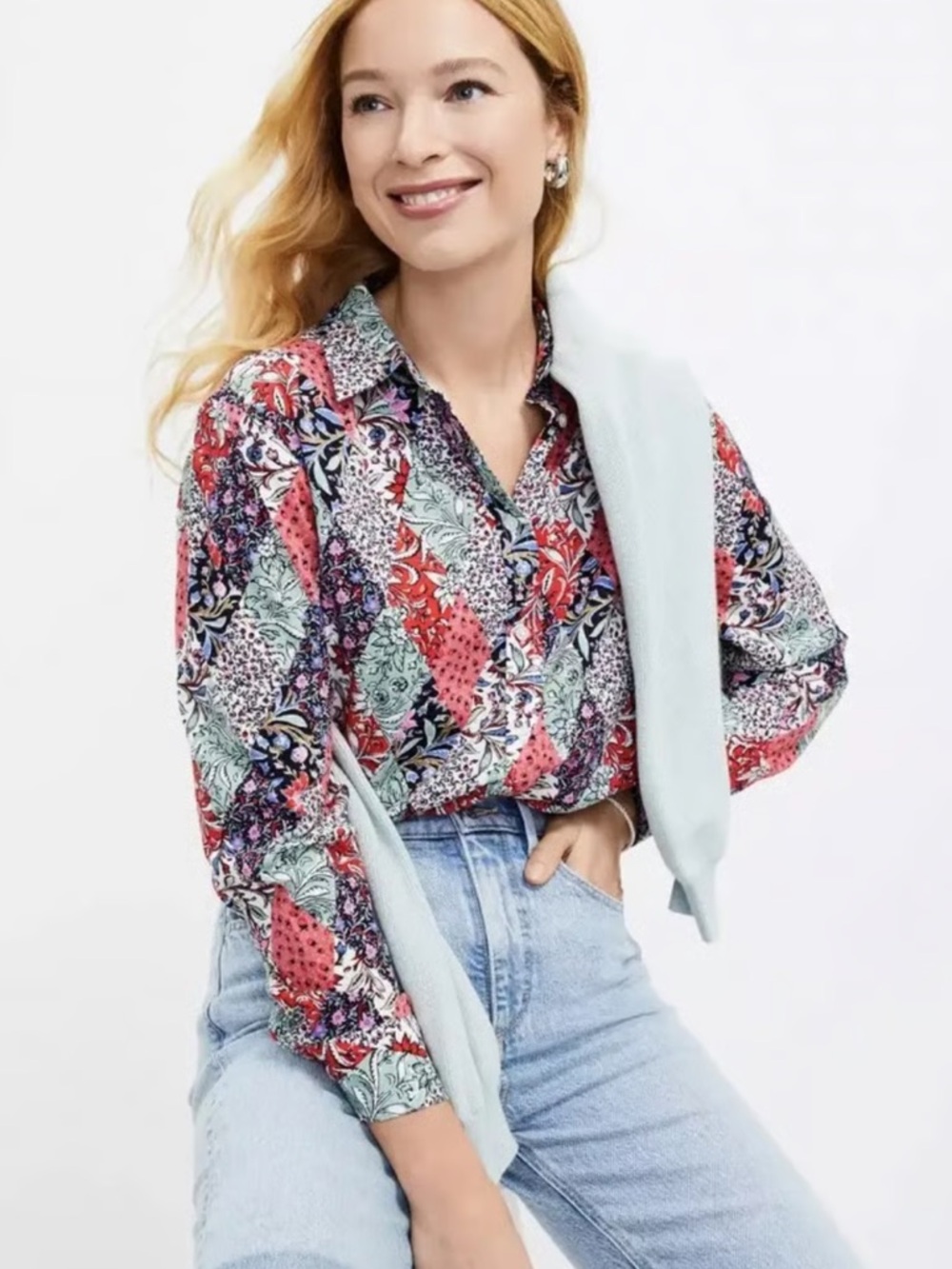 LOFT Bloom Floral Patchwork Button Front Blouse Size L Cottagecore Boho chic